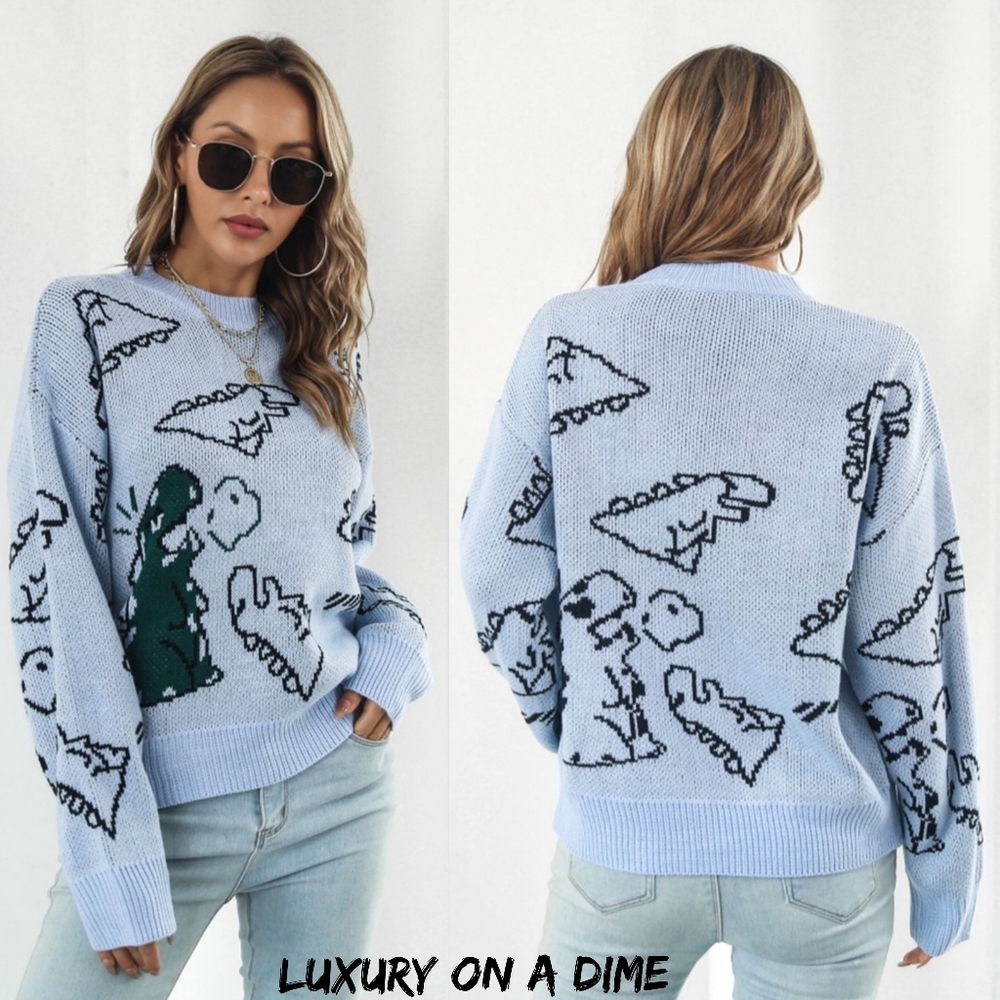 Blue Dinosaur Pattern Sweater - Picture 3 of 10